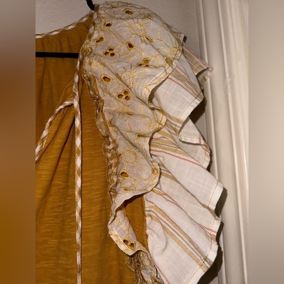 Porridge lagenlook cottagecore mustard yellow blouse boho layer sleeves tassel S - Picture 2 of 9